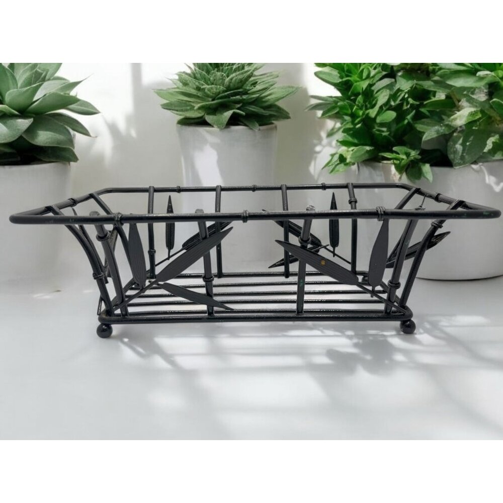 Black Metal Wire Rectangular Basket With Bamboo Design For Home Decor Or Storage